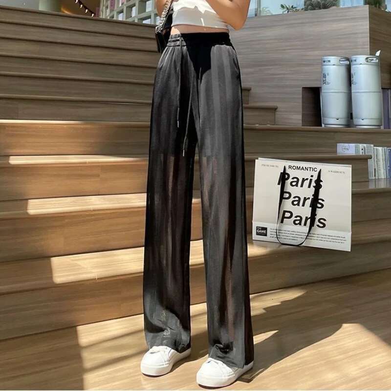 Stripe Trousers for Women Straight Leg Transparent Wide with Slits White Womens Pants Mesh Korean Fashion One Size 90s Clothing