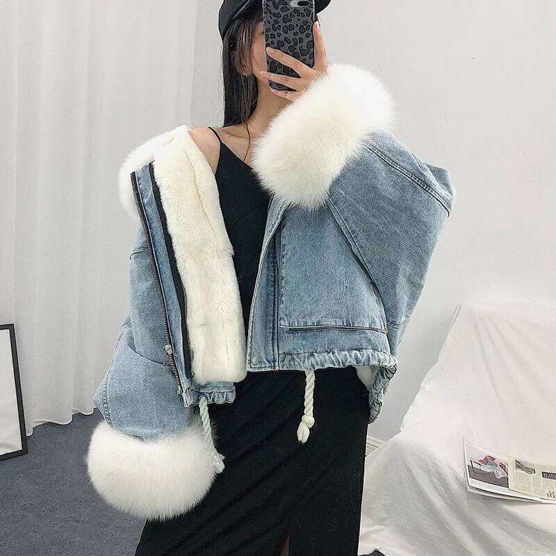 Outerwear Winter Warm Big fur collarPlus Veet Thick Korean Style Removable Loose Denim Women Jacket JK234