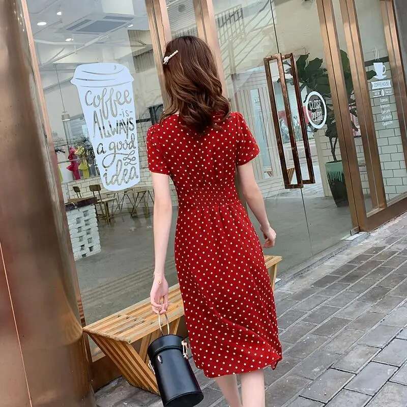 Chiffon Wrap Women Dresses Midi Loose Korean Party Short Summer Light Dress Floral Tunics Fashion Vintage Red Polka Dots Casual