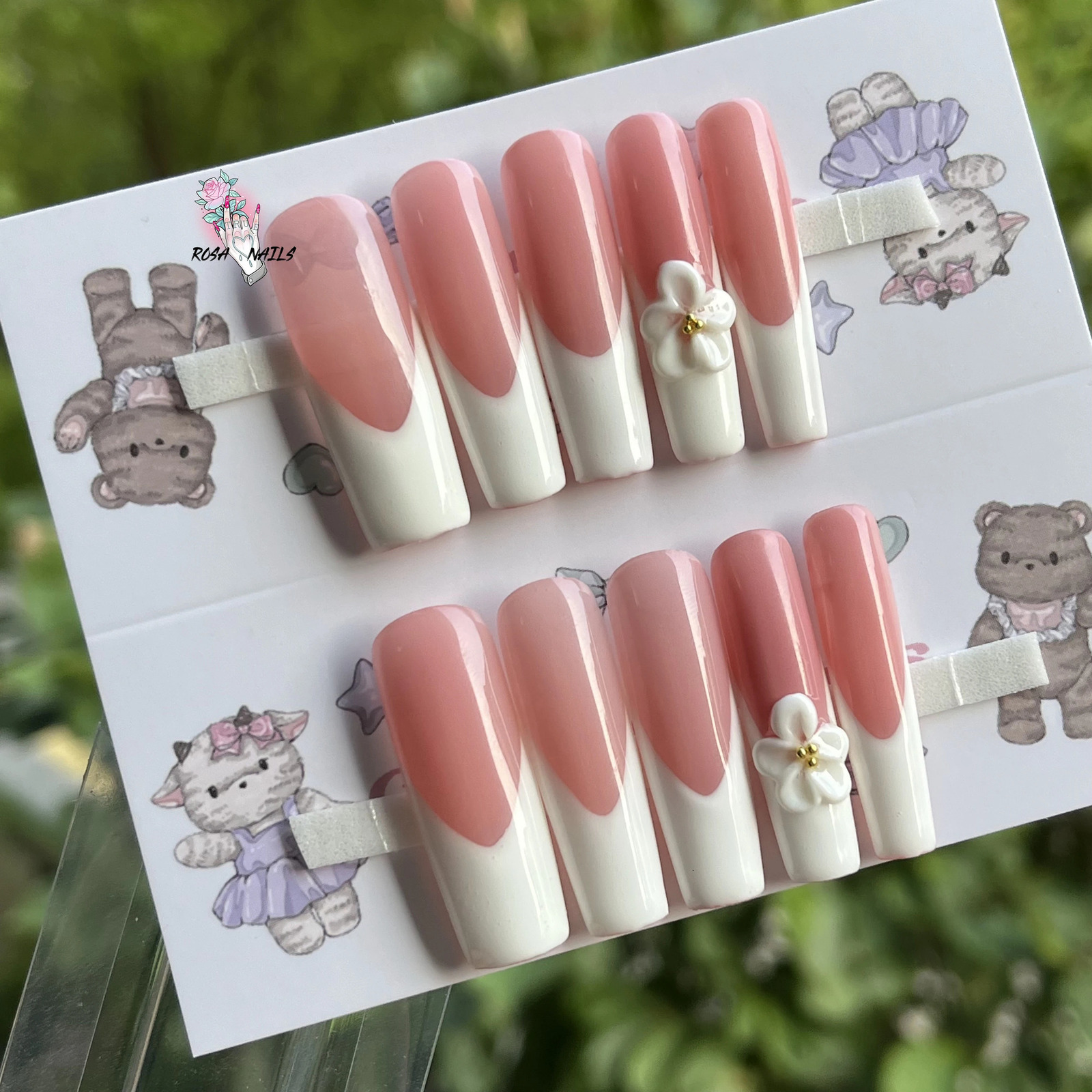 French Tips Extra Long Square Nail Art 3D Flower Nude Colours French Tip Long XL Square Flowers Acrylic Handmade Press on Nails 250612