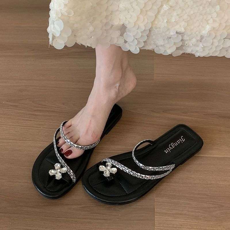 Women's flat bottomed rhinestone shoes summer outdoor new women's sandals designer sandals beach soft soled women's slippers
