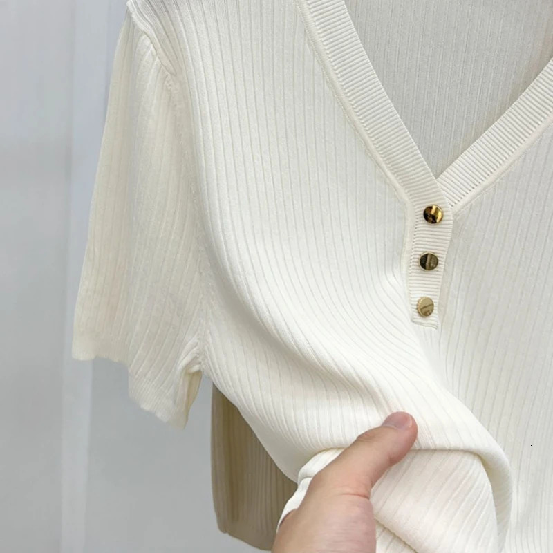 Womens Ice Silk Short Sleeves V Collar Knitting Wild Elastic T-Shirt Loose High Street Thread Thin Buttons Short Sleeve T-shirt 250614