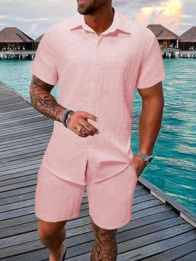 2025 Summer Mens casual daily outdoor travel solid color jacquard lapel short-sleeved Shirt drawstring Shorts two-piece Set 250616