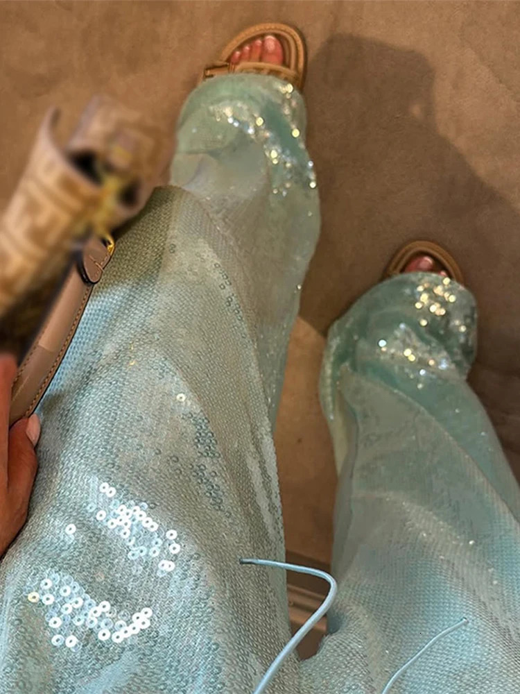 Fashion Sequined Pants Women Solid Loose Drawstring Wide Straight Party Club Trousers 2025 Spring Summer Chic Streetwears Lady 250616
