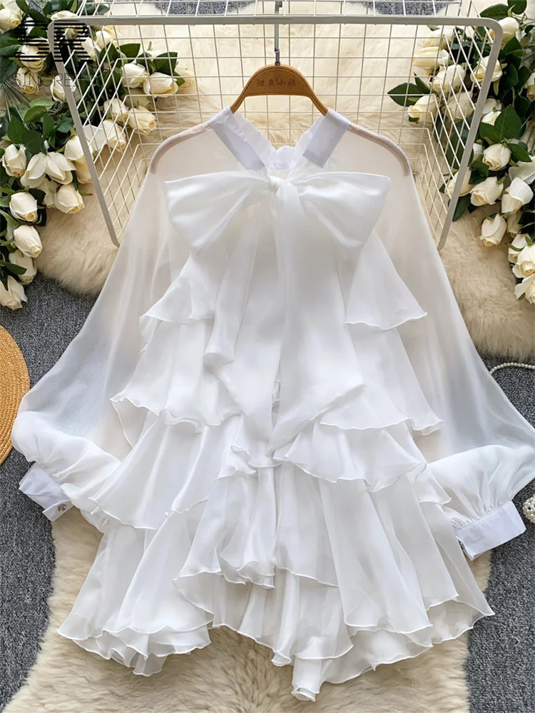 SINGREINY Summer Ruffles Sweet Blouse Women Lantern Sleeves Bow Solid Shirts Female French Party Vintage Chiffon Tops 250617