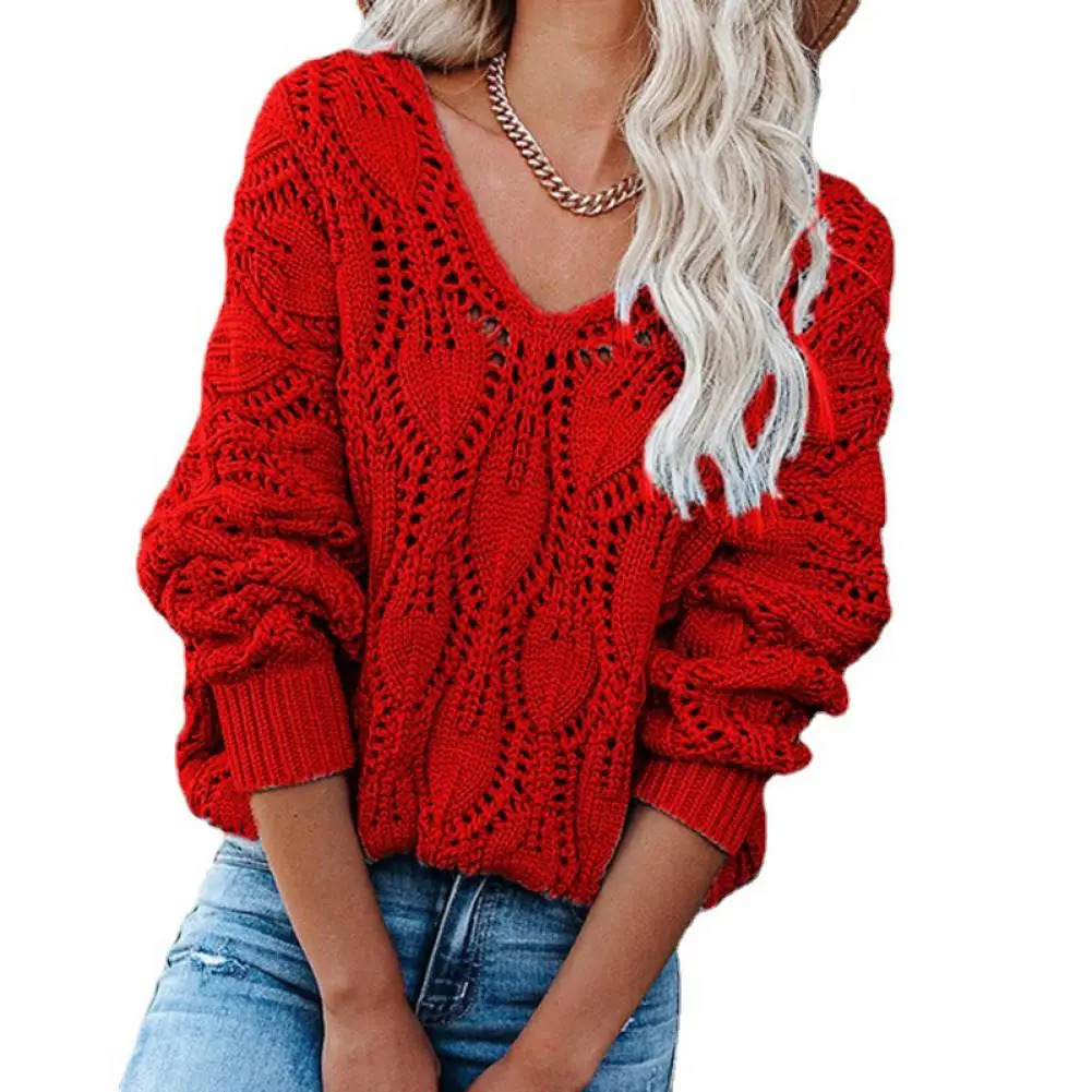 Casual Pure Color V Neck Sweaters Fashion Loose Women Hollow Out Knitted Jumper Streetwear Autumn Winter Long Sleeve Sweaters 250614