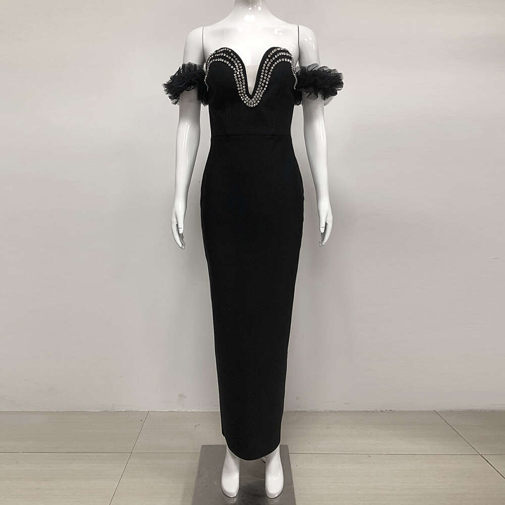Autumn Winter Style Women's Fashion Temperament Slimming Bandage Strapless Rhinestone Embellished Elegant Dress