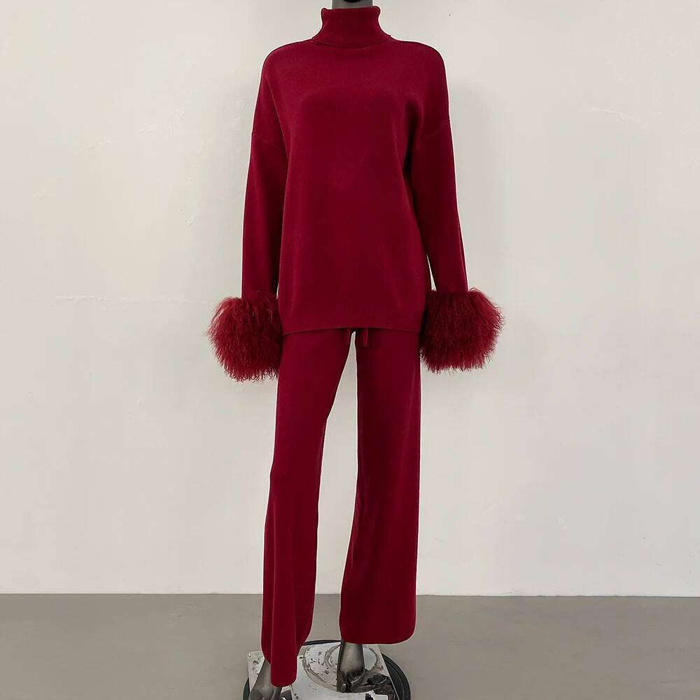 DEBAIFUR 2025 Spring Autumn Cardigan Real Mongolia Sheep Fur Sweater Women Knitted Long Pant Sets High Collar Knitwear Female