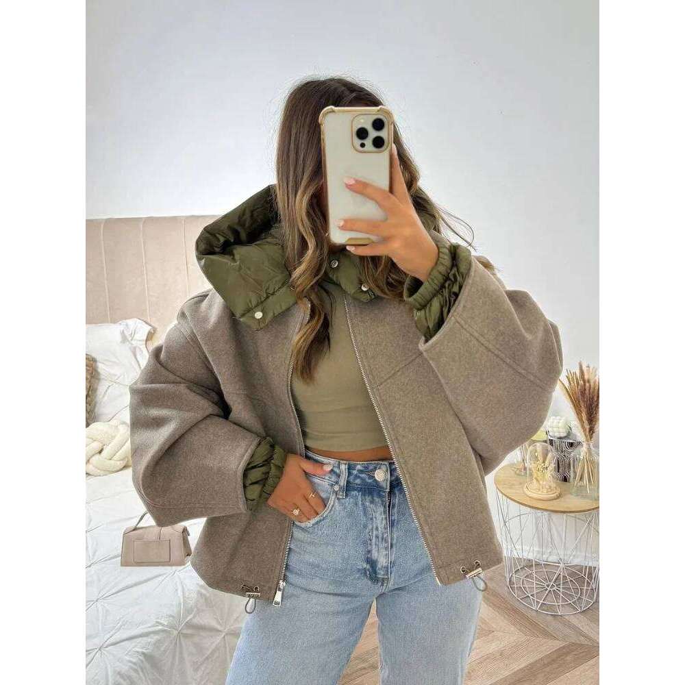 Oversize Hat Woolen Contrast Color Coat Women Zipper Casual Thicken Warm Long Sleeve Jacket 2024 Winter Pocket Street Outwear