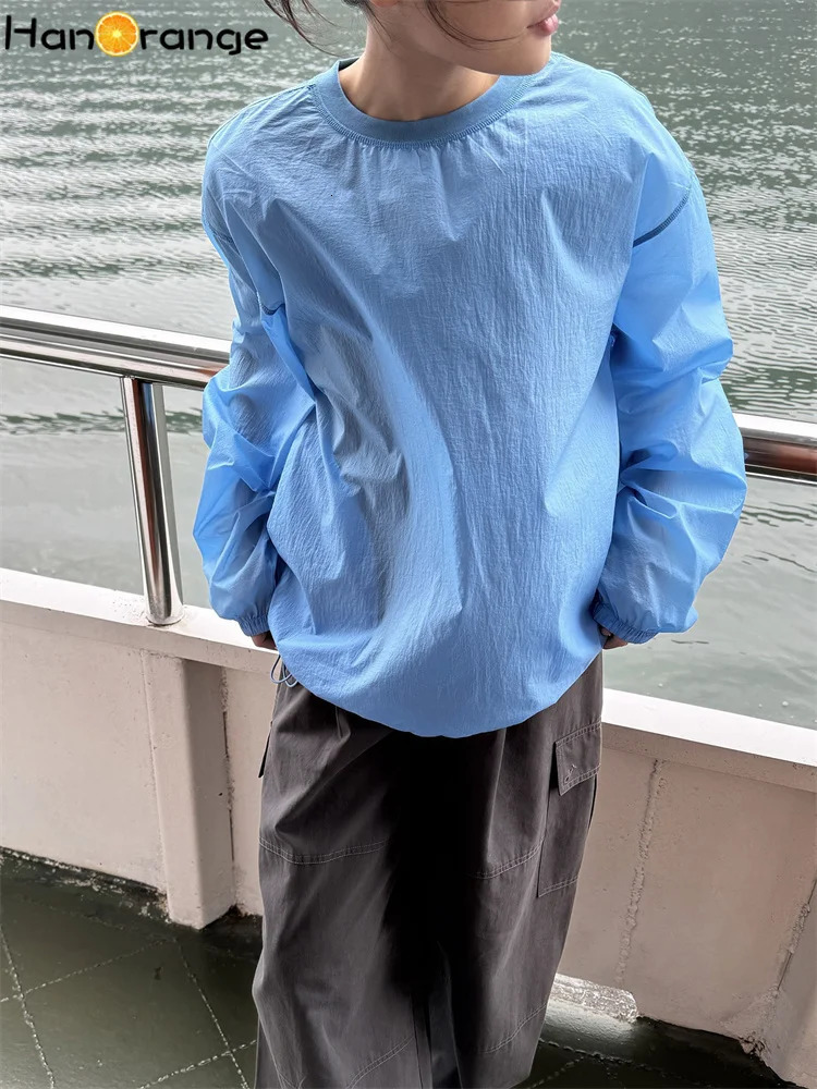 HanOrange Summer Minimalist Misty Sunscreen Nylon Sweatshirt Women Lightweight Flexible Stacked Top Sky BlueMint Green 250612