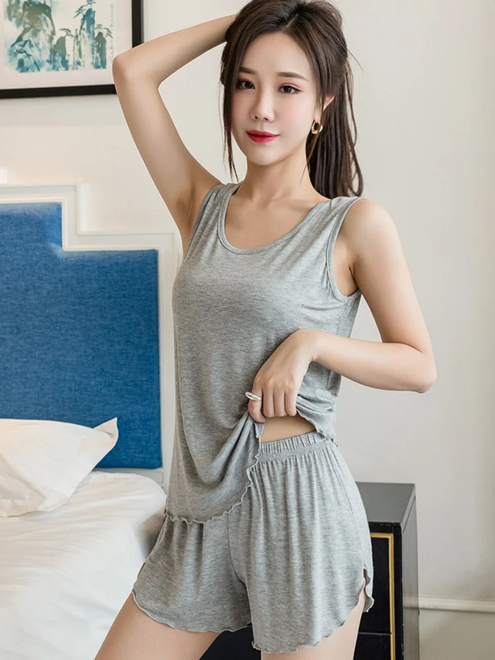 Summer Womens Pajamas Set Simple Two-Piece Comfortable Solid Color Vest Shorts Loose Home Suit Set Sleepwear Women 250616