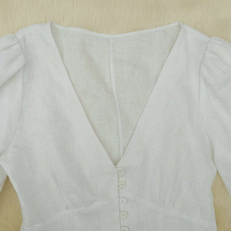Festival Calf Designer Dress Dresses for Woman Tender Summer Dress R032 New White Deep V-neck Puff Long Sleeve Linen Top Womens Fashion Versatile