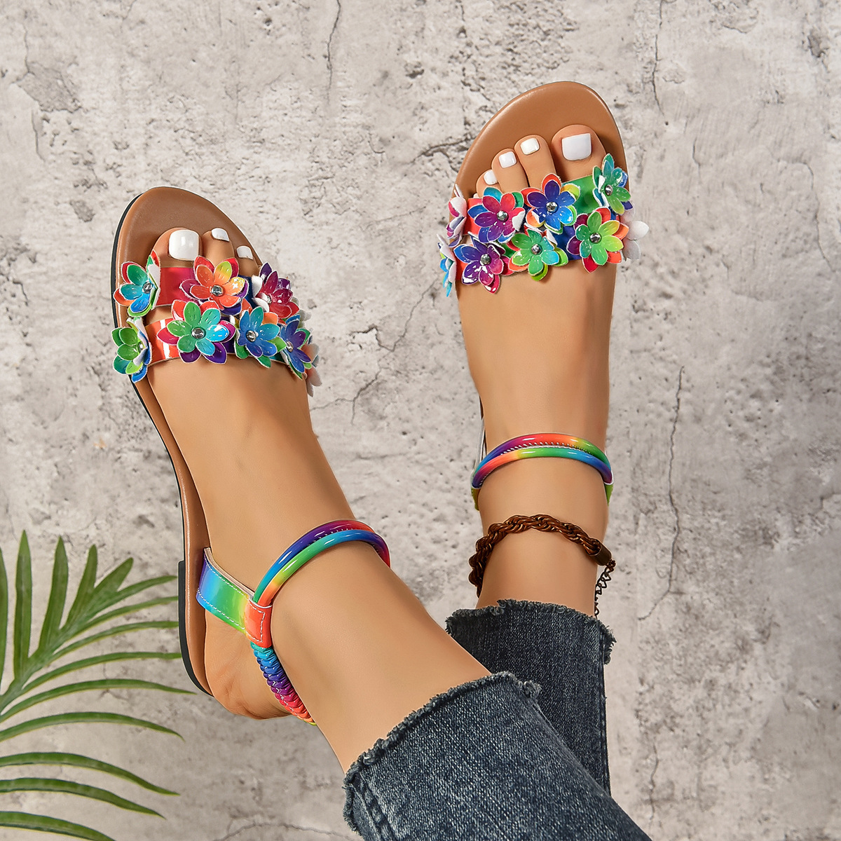 Women's flat shoes, colorful floral women's plus size sandals, designer sandals, fashionable daily commuting women's slippers