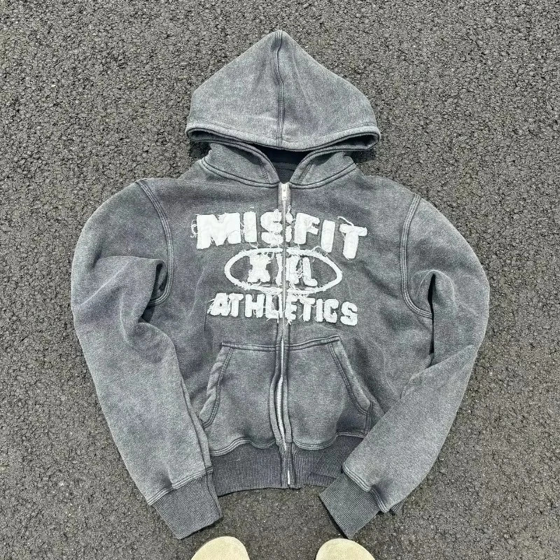Y2K Fashion Old Washed Letter Patch Zipper Hoodie Men Vintage Punk Rock Casual Joker Couple Sweatshirt Clothing 250616