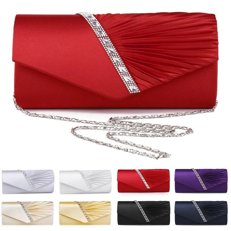 Folds Rhinestone Decor Chain Clutch Bags For Women Red Evening Party Clucth Envelope Bag Female Girl Shoulder Pouch 250617