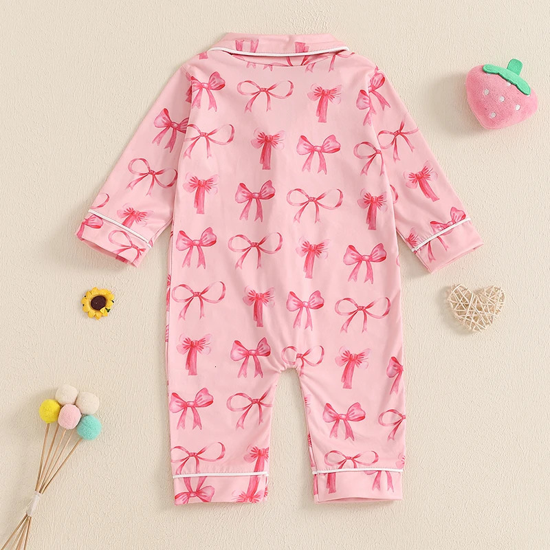 Baby Girl Fall Sleepwear Romper Cute Bow/Strawberry Print Button Down Long Sleeve Lapel Full Length Jumpsuit 250617