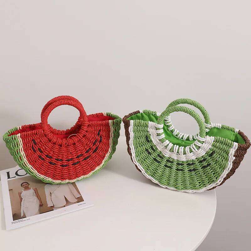 Cute Watermelon Straw Candy Color Woven For Women Handbag Fruit Kiwifruit Beach Bag Bohemian Crochet Travel Bags Clutch