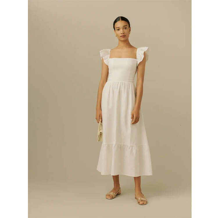 Summer Dress Womandress Designer Dresses 448 Summer New 2025 White Over-the-knee Mid-length Slim Fit Flutter Sleeve Dress French Style Womens Fashion