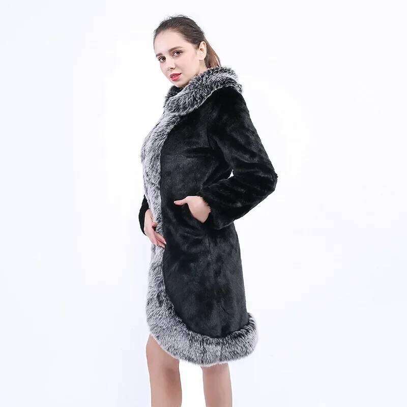 Winter Fall Women Fashion Grey Faux Fox Fur Collar Black Mink Coat , 3xl 4xl Thick Warm Elegant Coats Long Jacket for Woman