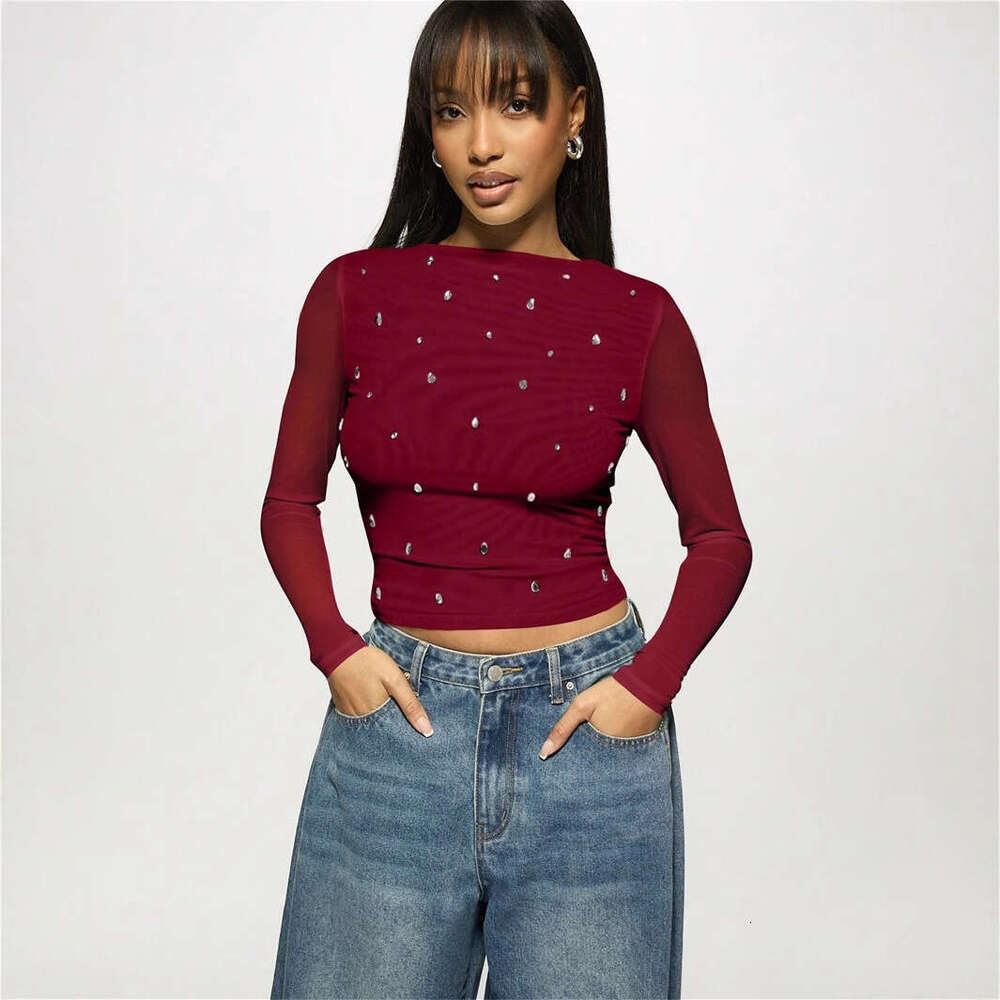 New Women's Fashion Casual Printed Slim Fit Mesh Semi-Transparent Hollow Long Sleeve T-Shirt B5