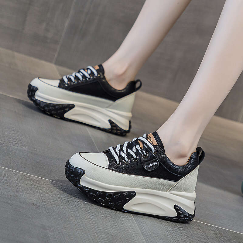 Leather Surface Platform Dad For Women, Autumn 2025 New New Lightweight Hidden Heel Casual Sneakers, Thick Sole Single Shoes