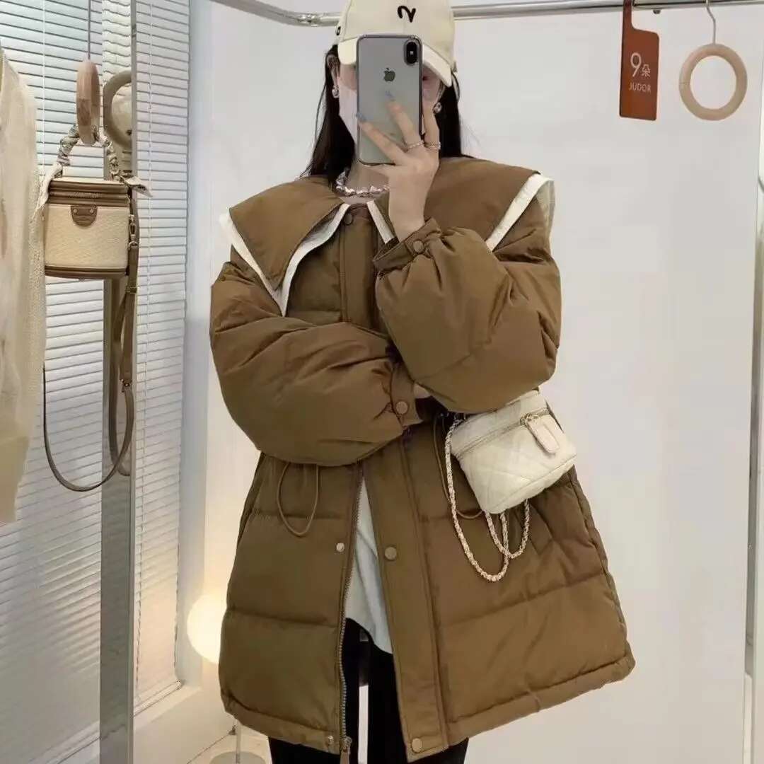 Slim Fit Zip-up Coats for Women Navy Collar Parkas Woman Korean Style Clothing Discount Outdoor Clothes Lined Modern Hot Jackets