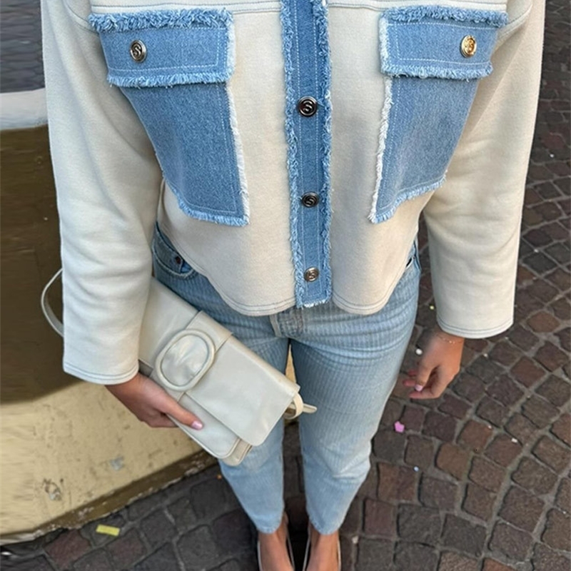 Y2k Women Denim Patchwork Jacket Coat Lapel Long Sleeves Jeans with Packets Spring Casual Lady Coats ner Outwear Top 250522