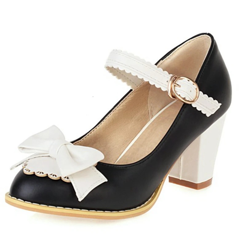 ASILETO Ladies Pumps Round Toe 7cm Block Heels Buckle Bowtie Sweet Cute Vintage All-Match Big Size 48 Party S2131 250613