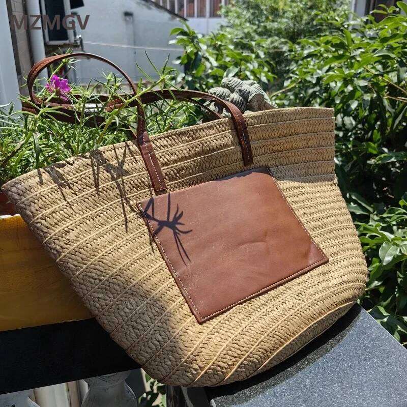 Meet You Large Capacity Zipper Leather Splice Straw Designer Summer Women's Travel Vacation Beach Bag Bohemian Bali