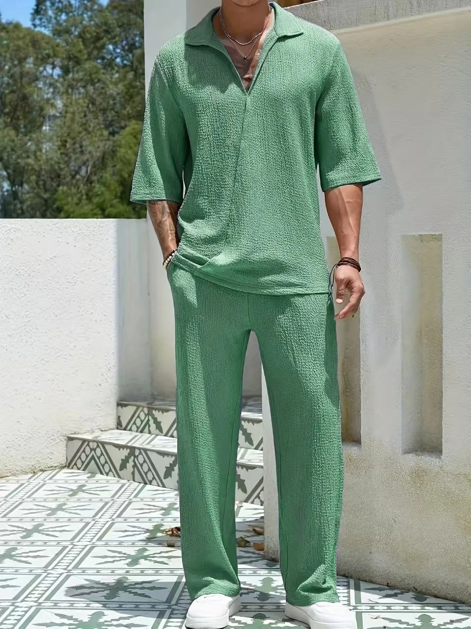 2025 Europe and the United States mens spring half-sleeve shirt pants solid color suit V-neck 250616