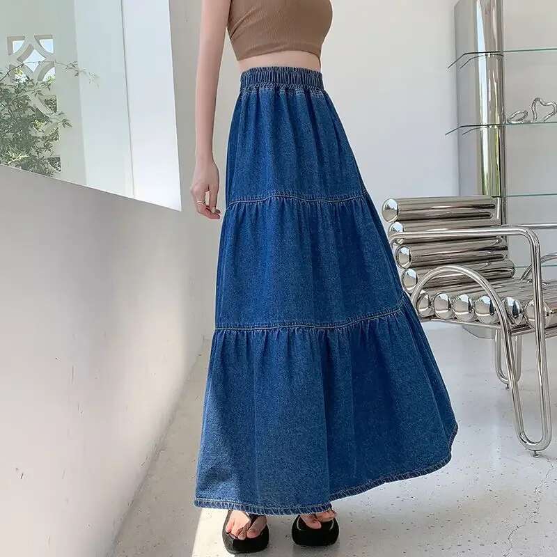 Blue Elastic Waist Jeans Skirts for Women Vintage Clothing Sales Aesthetic Streetwear Chic and Elegant Modest Woman Denim Skirt