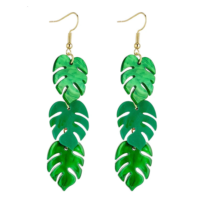 YAOLOGE Green Turtleback Leaves Tropical Palm Leaf Long Pendant Earrings For Women Trend Ear Hook Acrylic Jewelry Party Gift 250610