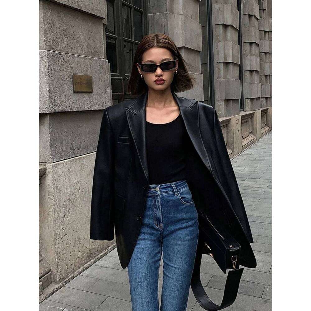 Vintage Autumn Black Brown Soft Pu Leather Blazer Women Biker Coat Long Sleeve Flap Pocket Suit Jacket Oversized Streetwear