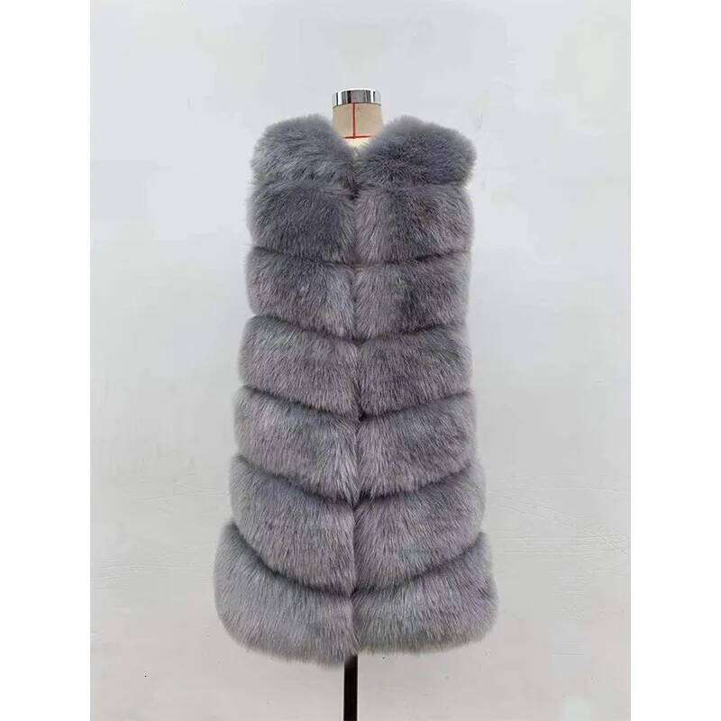 HJQJLJLS 2022 Winter New Women Long Faux Vest Female Sleeveless Artificial Fox Fur Gilet Waistcoat Fluffy Furry Jacket Gray