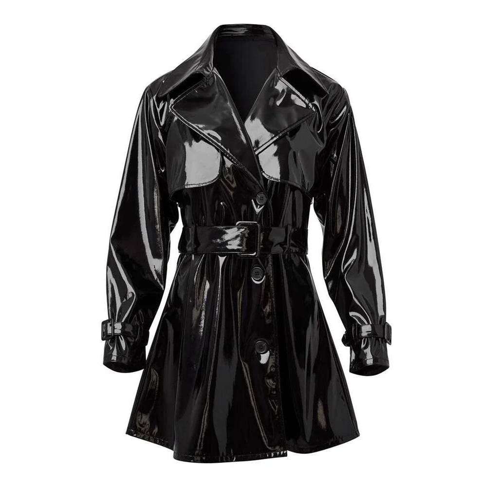 Women Shiny Faux Leather Jacket Overcoat Ladies Solid Color Glossy PU Waterproof Trench Coat With Belt Sexy Gothic Casual Custom