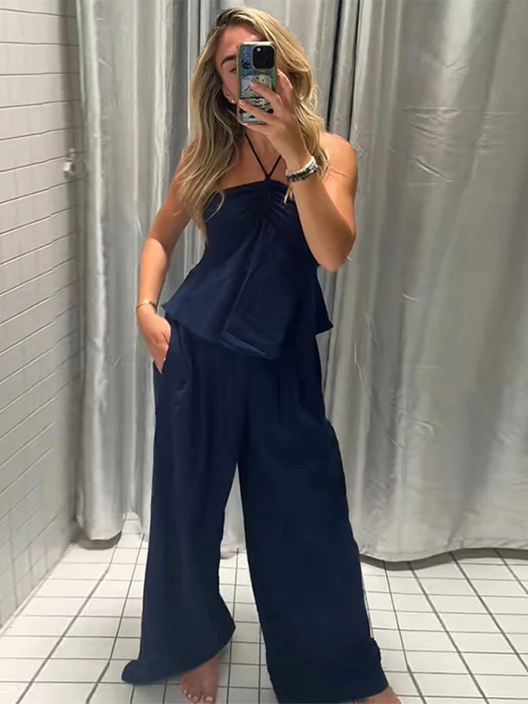 Casual Tank Pants Womens Set Halter Sleeveless Tanks Loose Straight Trousers Solid Female Sets 2025 Summer Holiday Lady Suit 250616