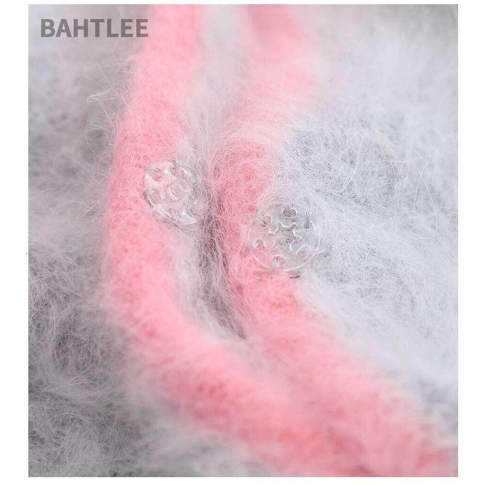BAHTLEE-Knitted Cardigans for Women, Sweater with Pocket, Wool Angora Coat, Long Sleeves, V-Neck, Patchwork, Winter