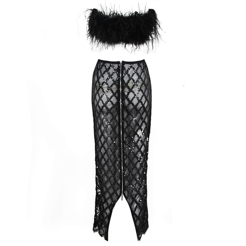 Autumn New Sexy Feather Strapless Black Sequin Mesh Long Dress Bandage Gown