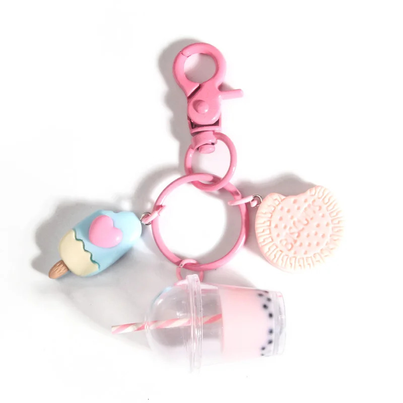 Cute Keychains Ice-cream Bubble Tea Biscuit Pink Key Rings Friendship For Friend Women Girl Handbag Gift Jewelry 250616