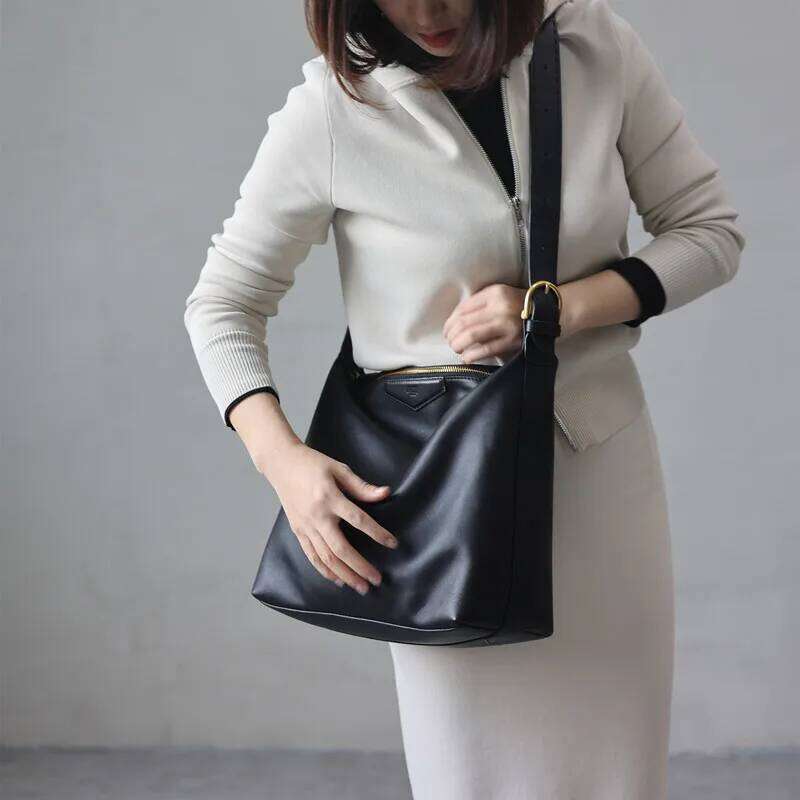 Large Size Black Genuine Leather Tote With Zipper Women Casual Soft Crossbody Shoulder Bag