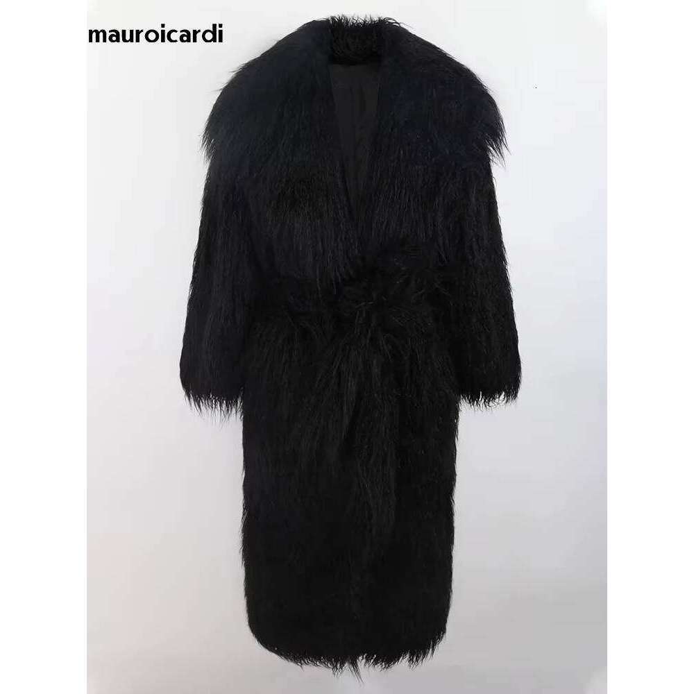 Mauroicardi Winter Long Thick Warm Shaggy Hairy Fluffy Faux Mongolian Fur Coat Women Sashes Elegant Chic Furry Overcoat