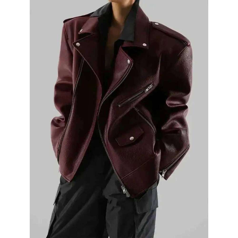 KWTX Solid Splicing Pocket For Women Flip Collar Long Sleeve Designer Leather Jacket Women's Fashion New