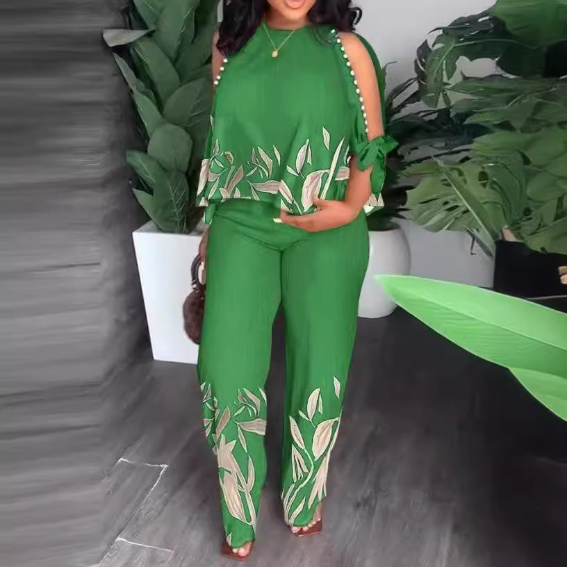 VONDA Womens Fashion Pants Set Summer Cold Shoulder Casual Loose 3/4 Sleeve Top Retro Printed Bohemian Set 241126