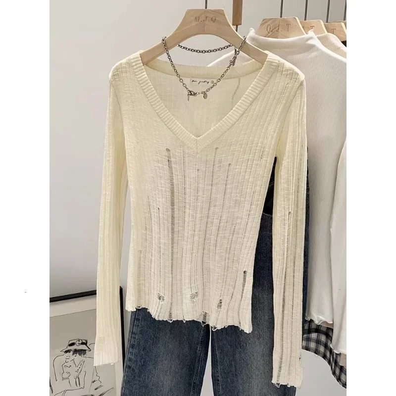 Deeptown Coquett Y2K Womens Knit Sweater Hollow Out Knitwear V Neck Pullovers Spring See Through Jumper Harajuku Fashion Grunge 250614