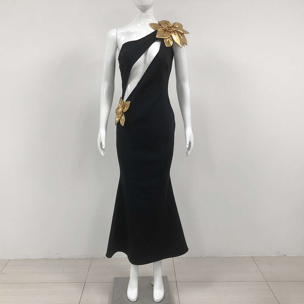 Autumn Fashion Women's Slim Fit Bandage Gold Flower Long Dress New Gown