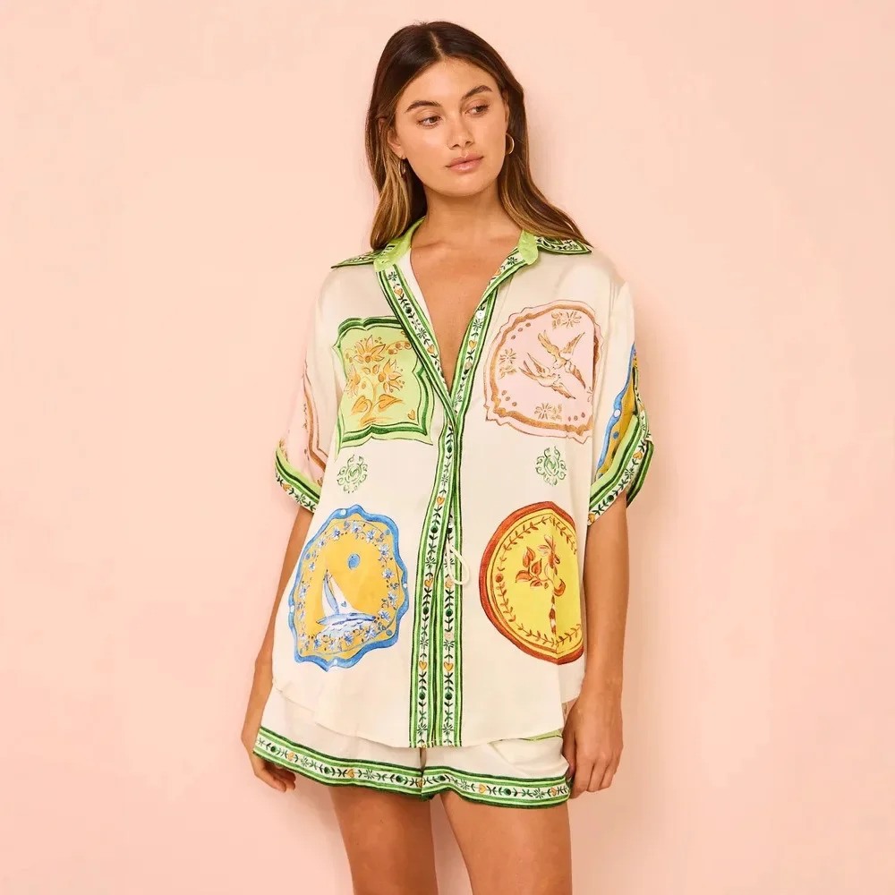 Casual Loose Satin Print Shirt Collar Shorts Set Fashionable Versatile Two-Piece Womens Wear Comfortable Breathable 250616