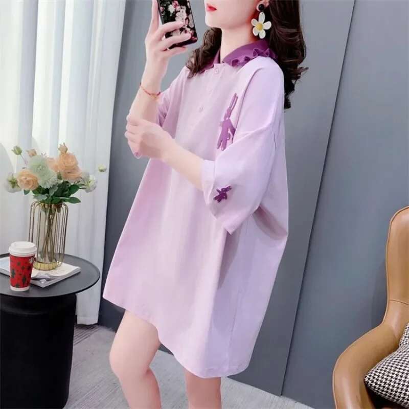 Embroidery Woman Tshirt Short Sleeve Polo Neck T Shirt for Women Pulovers Original Korean Popular Clothes Youthful Elegant Basic