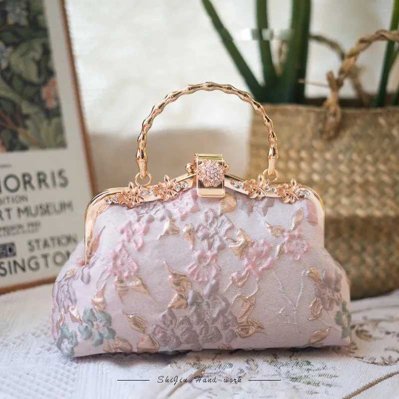 Vintage Fashion Wedding Bag Flowers Diamond Top Handle Lock Bags Chain Women Shoulder Crossbody Bag Bags Womens Handbags Purses Z250617