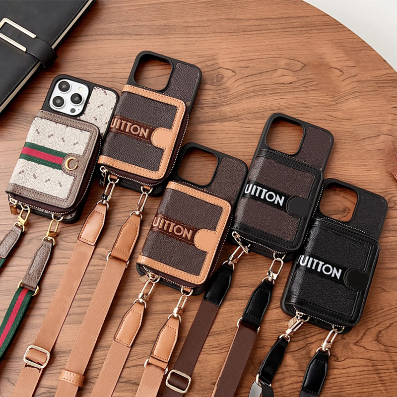 Designer Phone Case with Card Holder for iPhone 16 15 pro max 14 13 11 12 XR Samsung Galaxy S23 S22 Ultra Brand Letter Monogram Leather Wallet Crossbody Lanyard Cover