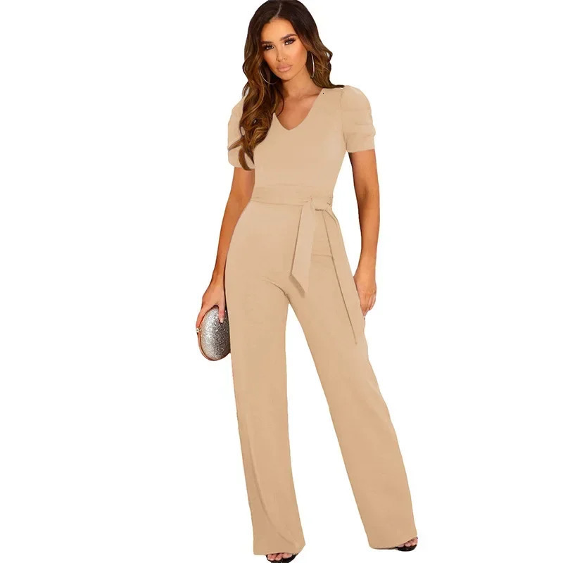 Summer Style Strap Waist Wrapped jumpsuit Womens Solid Color V-neck Short Sleeve Wide Leg Long Pants 250616